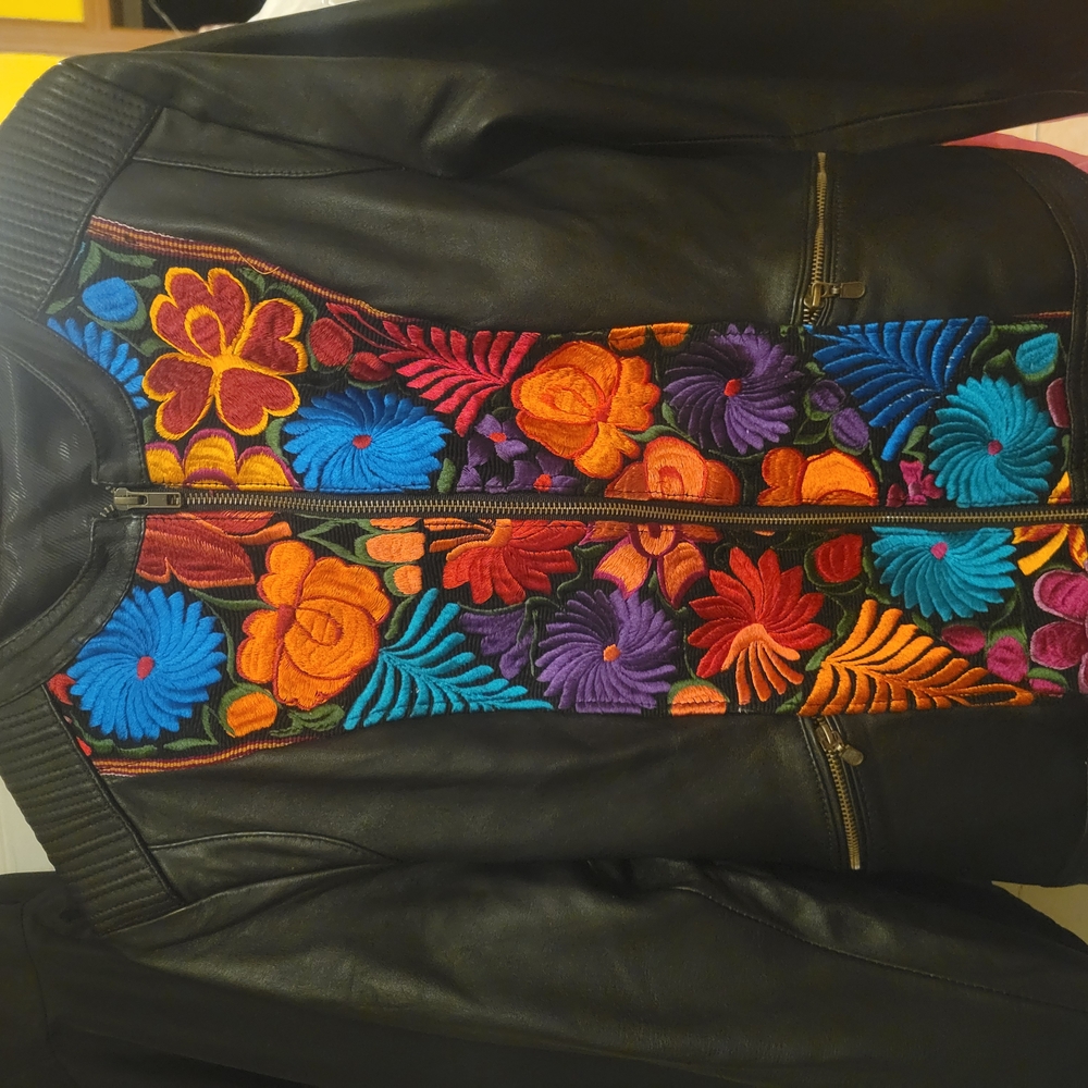Embroidered Black Leather Jacket